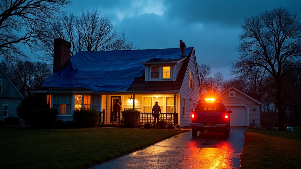 Emergency roofing crew tarping a storm-damaged roof at dusk in Grand Rapids, Michigan