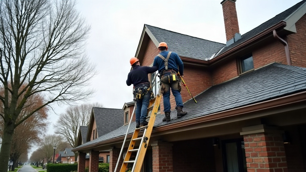 Roofers inspecting an asphalt shingle roof on a brick home in a Grand Rapids, Michigan neighborhood