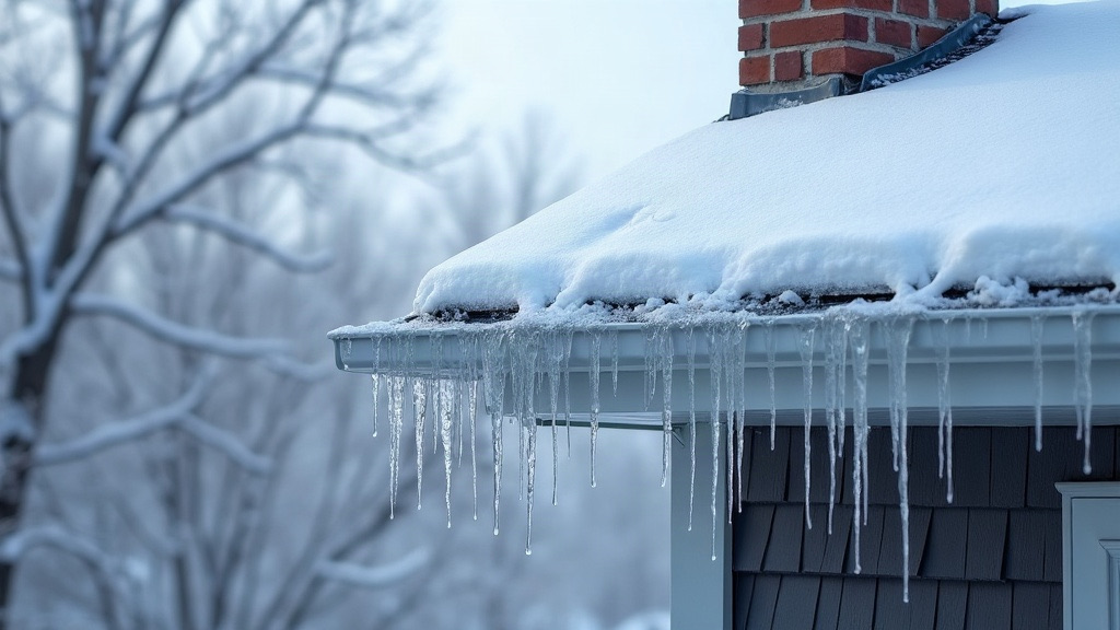 Ice dam ridge with icicles along the snow-covered eave of a Grand Rapids home