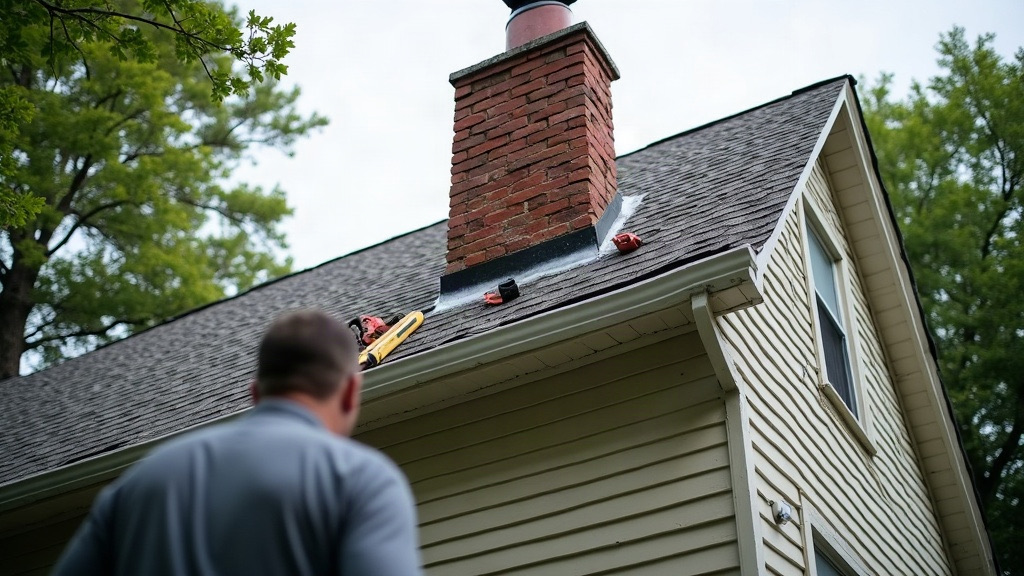 Roofer repairing flashing on a split-level home in Kentwood, Michigan