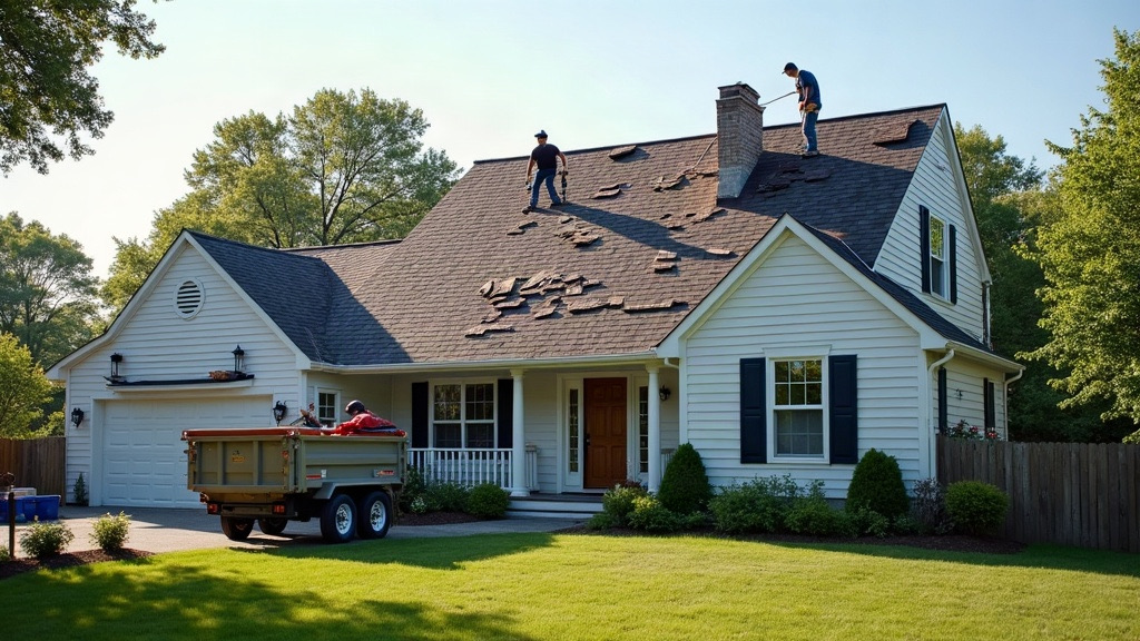 Roofing crew replacing asphalt shingles on a post-war ranch home in Wyoming, Michigan