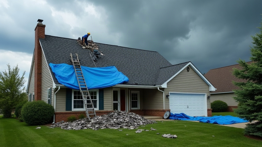 Crew tarping a storm-damaged asphalt shingle roof after a wind storm in West Michigan